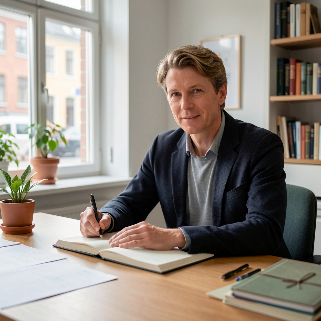 Dansk redaktør med notesbog ved et lyst arbejdsbord i København