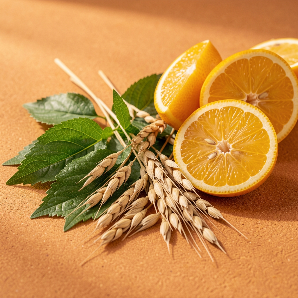 Nærbillede af grøn te blade, havre og citrus på en varm sandfarvet flade
