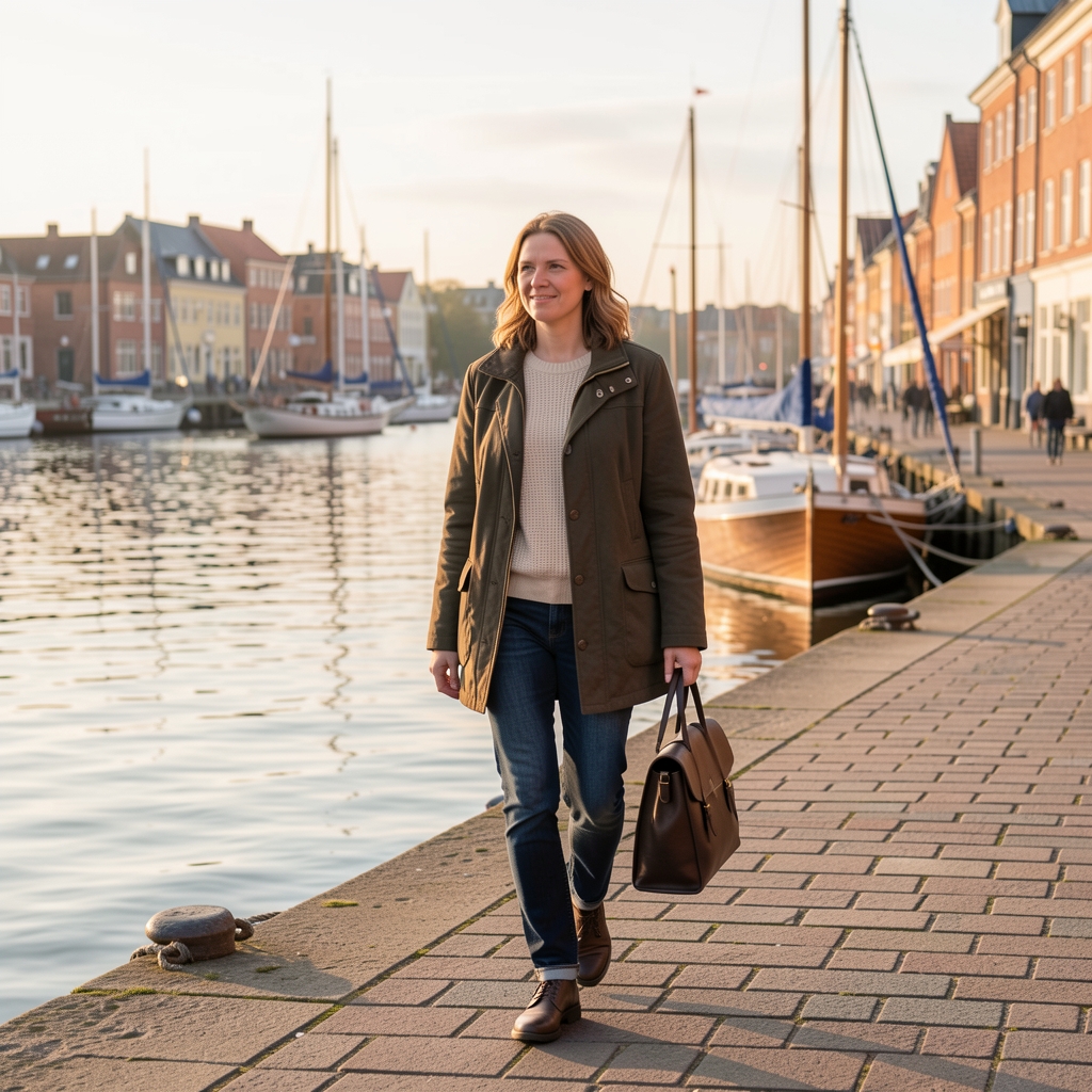 Aktiv voksen går langs havnen i København med jakke og taske i blødt morgenlys