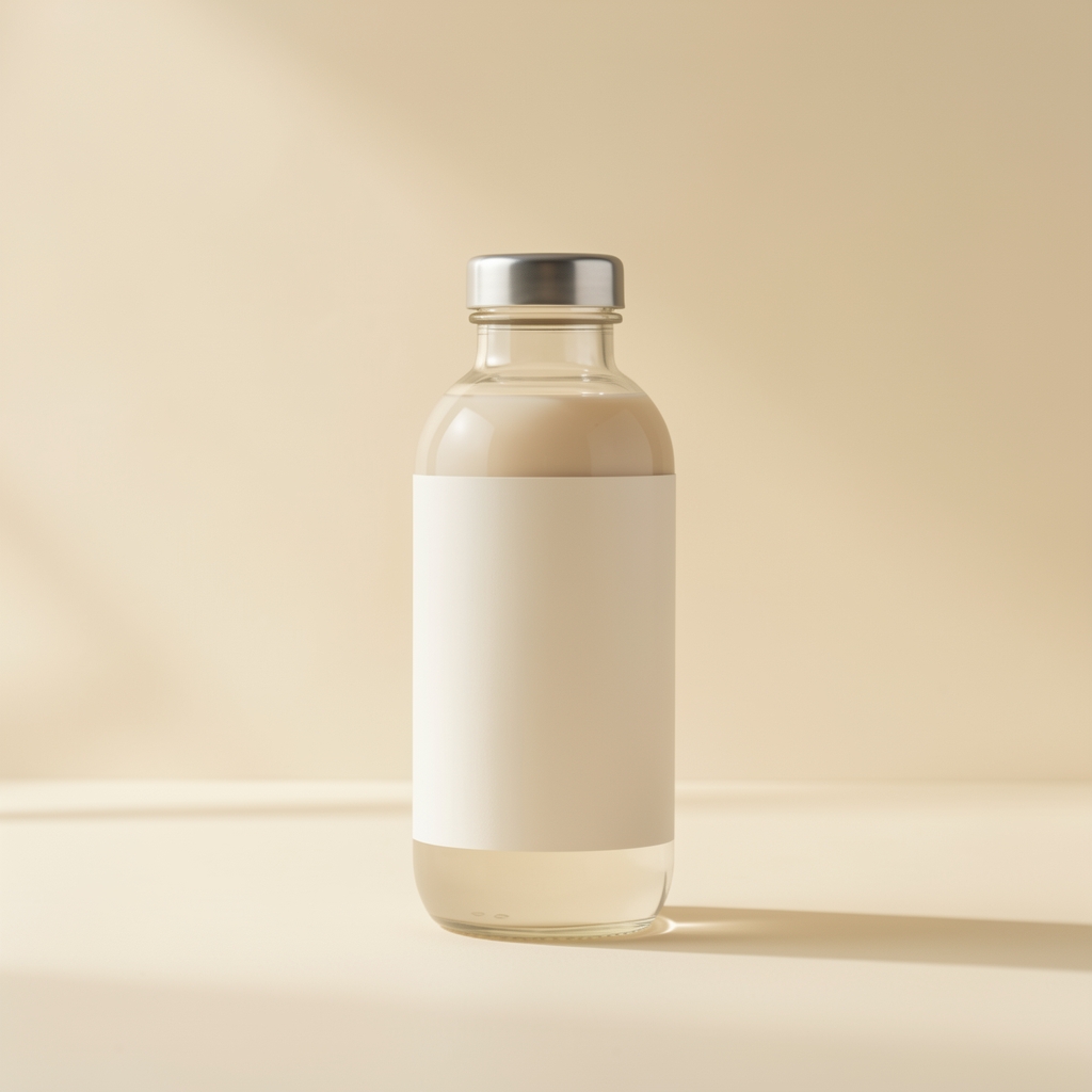 Minimalistisk flaske med Normal fit på en varm cremefarvet redaktionel overflade